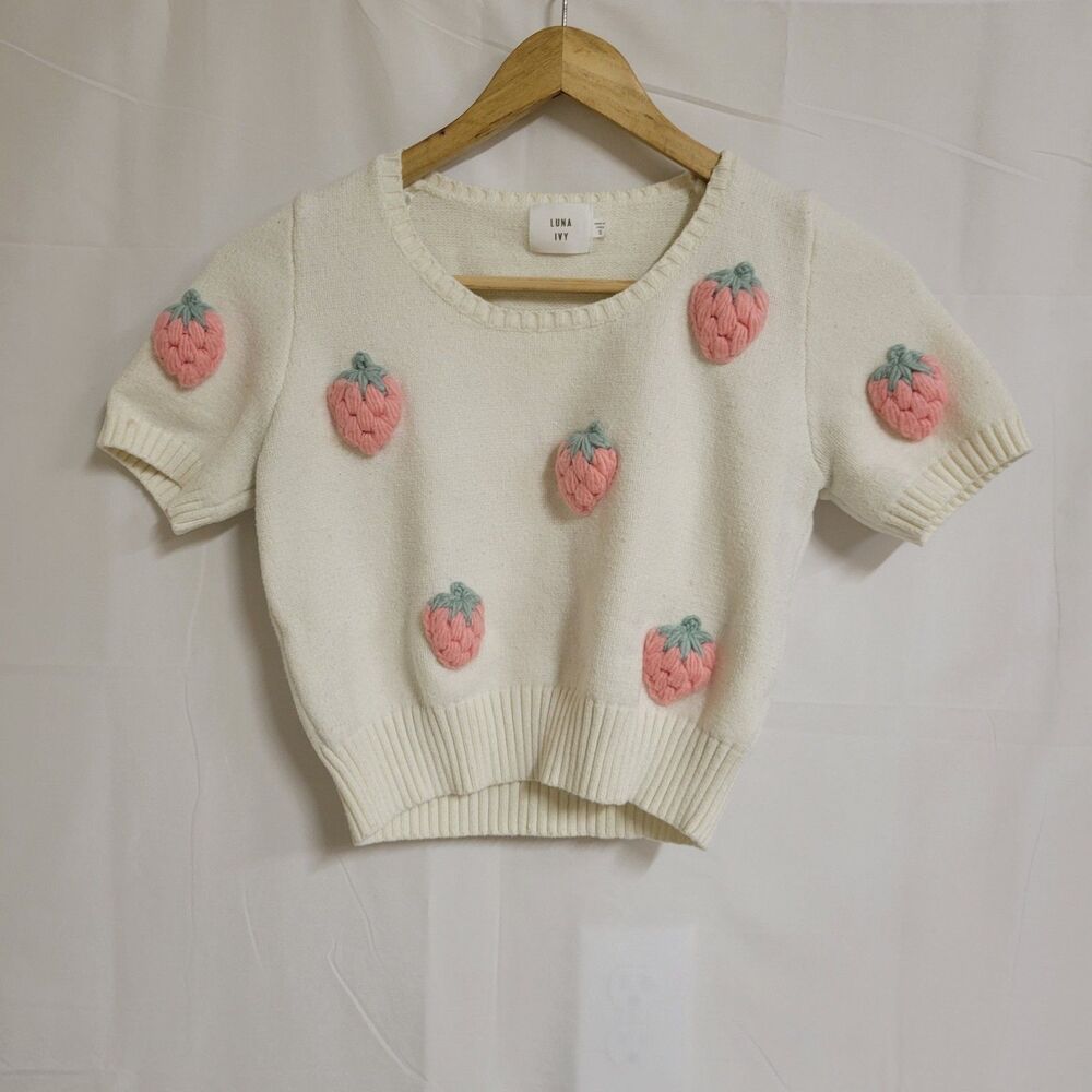 Luna Ivy 3D Crochet Strawberry Knit Short Sleeve Crop Sweater Coquette Cottage S